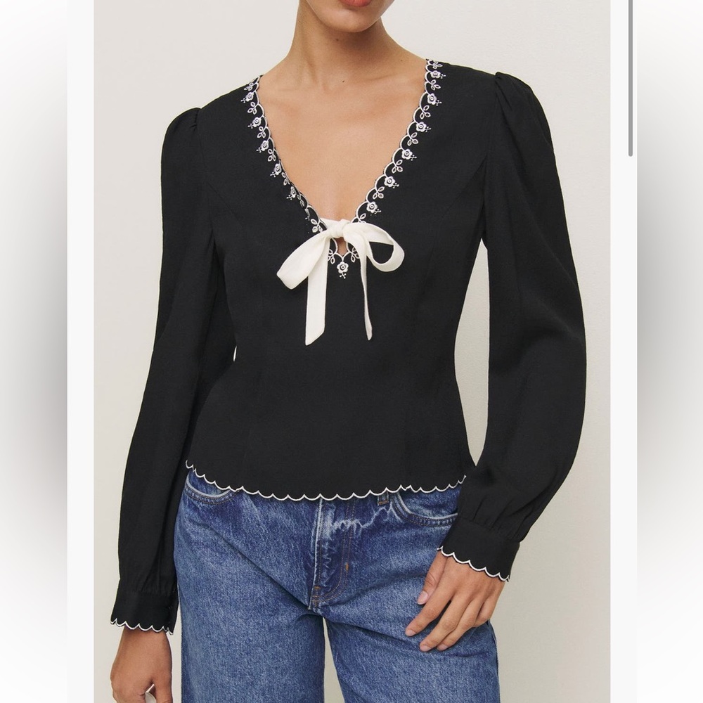 Reformation Vivia Blouse with White Embroidery
